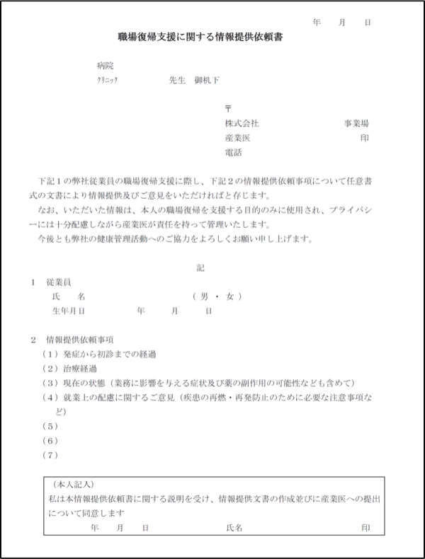 職場復帰支援に関する情報提供依頼書